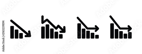 Bar Chart Decline Set: Four stylized bar charts showing a downward trend. Recession indicator, economic downturn, business failure, stock market crash.