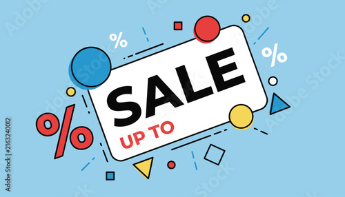 Vibrant sale poster design featuring a white label with bold black text surrounded by percent signs and colorful geometric shapes.