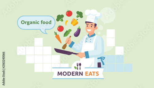 Friendly male chef cooking healthy organic food with vegetables flying in the air above a modern eats ribbon logo.