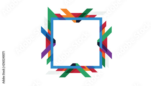 Abstract square border frame decorated with colorful overlapping geometric shapes and stripes on a clean white background.