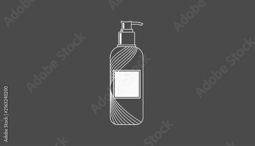 Minimalist outline illustration of a cosmetic pump bottle with fine line details on a dark gray background.