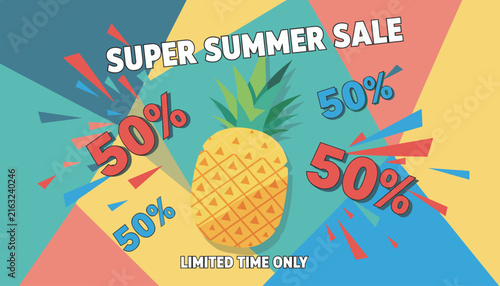 Colorful super summer sale poster featuring a prominent central pineapple and multiple red and blue fifty percent discount tags.