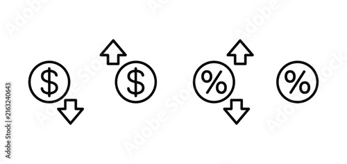 Financial Symbols with Arrows: Collection of simple graphic icons representing currency and percentage with directional arrows indicating change. dollar sign, percent sign, finance graph.