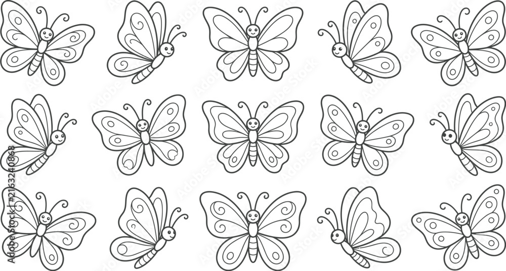Fototapeta premium Collection of hand drawn butterflies in various poses isolated on transparent background