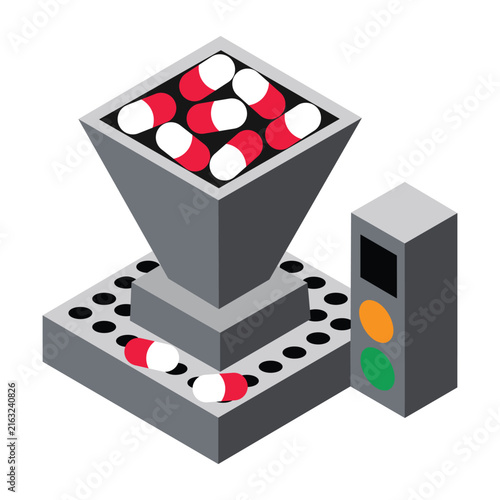 Isometric pharmaceutical pill packaging machine icon for drug manufacturing