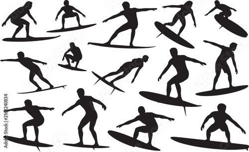 Canvas Print Silhouettes of surfers riding waves on surfboards black on white