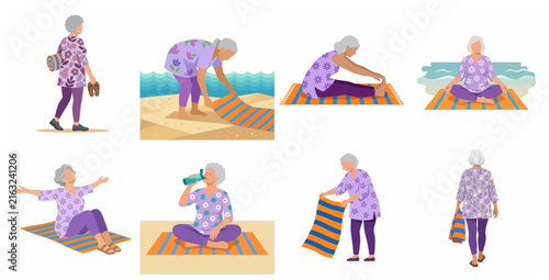 Set of flat vector illustrations of a senior woman at the beach practicing yoga, meditating, and enjoying leisure activities for healthy aging and wellness.