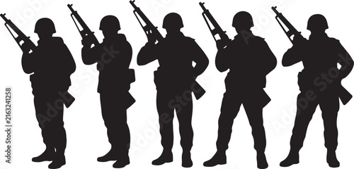 Cuadro en lienzo Soldier silhouettes with rifles against a white background military vector illus