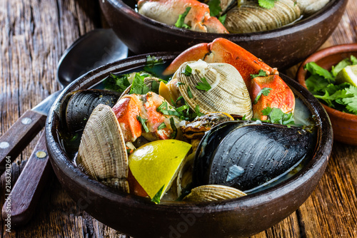 Seafood soup with clams crabs and mussels soup. Mariscal