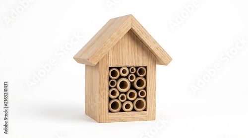 Wooden bee house with bamboo tubes isolated on white background