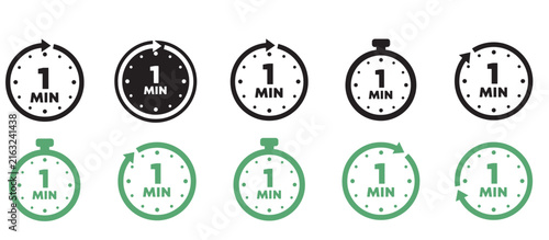 One minute timer icon set with stopwatch and clock count down vector for fast service and packaging instruction.