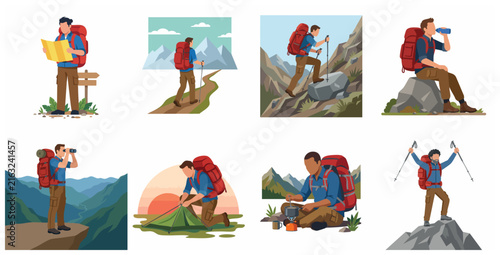 Set of Hiking and Mountaineering Illustrations with a Man Trekking, Camping, and Exploring Scenic Mountain Landscapes