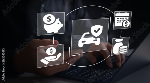 Cuadro en lienzo Auto Insurance Financial Planning Concept with Car Protection, Savings, Premium