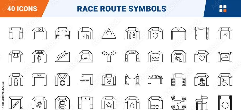 Fototapeta premium Marathon route arch line icon set. Vector pictograms of race, running, start, and finish elements, thin linear illustration.