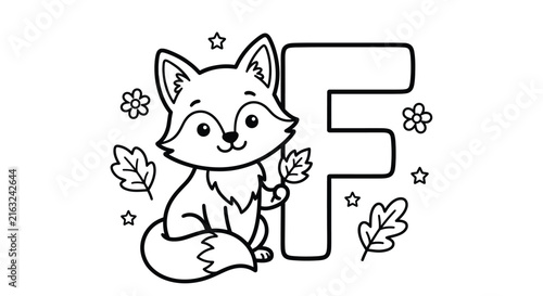 Educational alphabet coloring page featuring a cute fox character next to the capital letter f for kids