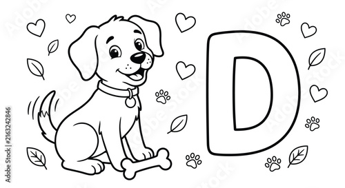 Educational alphabet coloring page featuring the letter d with a cute puppy dog and a bone illustration