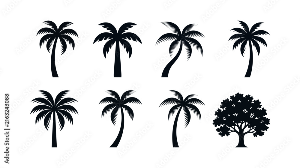 Fototapeta premium Tropical palm tree silhouettes, 8 black botanical icons, summer vacation vector set
