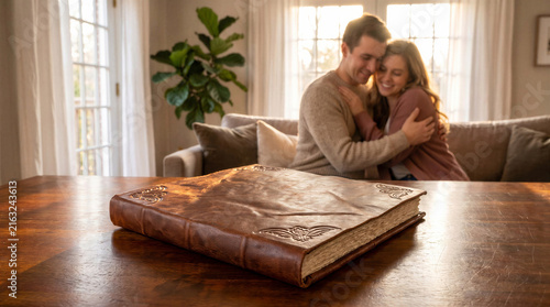 Couple embracing while sitting beside a classic leather-bound album  