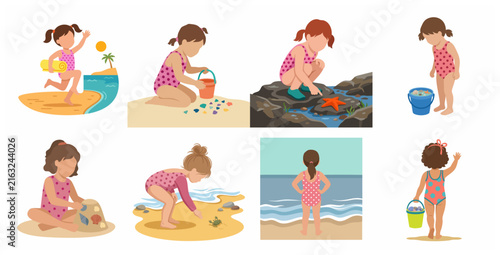 Cute little girls enjoying various activities at the beach vector illustration set, summer vacation and childhood fun.