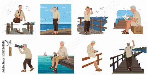 Senior man enjoying coastal leisure activities, bird watching, photography, and relaxing by the sea, flat vector illustration collection