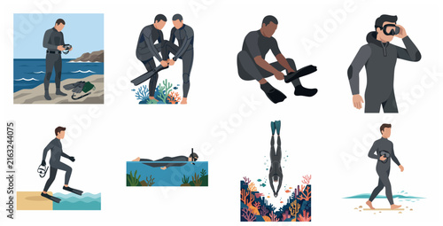 Set of scuba diving and snorkeling character illustrations, male divers in wetsuits with equipment for underwater exploration and ocean sports