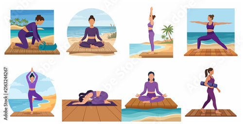 Collection of yoga and meditation poses flat vector illustration set, woman practicing yoga on the beach for wellness and relaxation