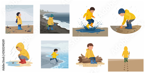 Vector set of a young boy in a yellow raincoat and boots playing in puddles and exploring the beach on a rainy day