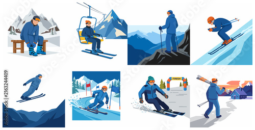Set of flat vector illustrations depicting various skiing activities, including downhill racing, jumping, riding a chairlift, and winter mountain scenes for outdoor recreation and sports.