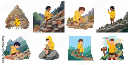 Young explorer boy in yellow raincoat hiking mountains and collecting gemstones vector illustration set