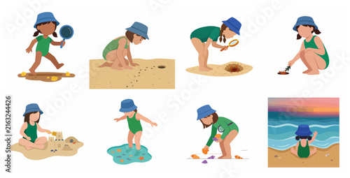 Cute children character set exploring beach activities, playing in sand, observing marine life, and building sandcastle.