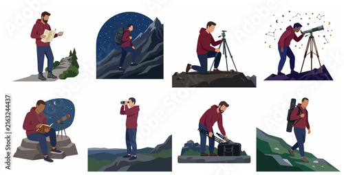 Outdoor adventure and hobby flat illustration set featuring a man hiking, navigating, photographing landscapes, and stargazing under the night sky
