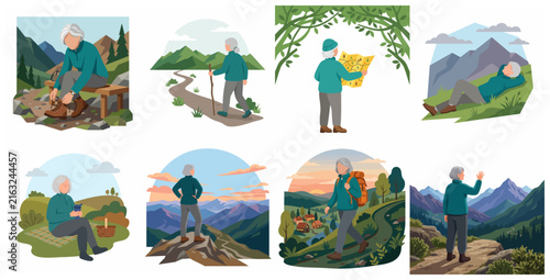 Senior Woman Hiking and Enjoying Nature Adventure Flat Illustration Set