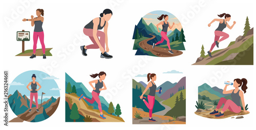 Vector illustration set of a young woman trail running and hiking in the mountains. Concepts for healthy lifestyle, outdoor fitness, and mountain sports.