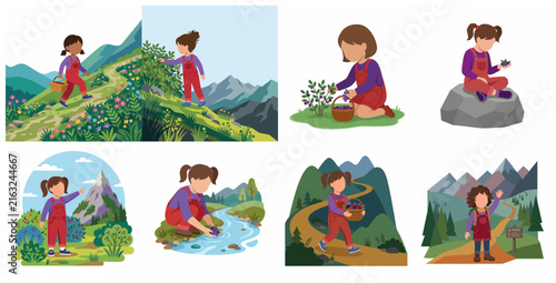 Vector illustration set of a young girl hiking, picking wild berries, and exploring mountain landscapes in summer