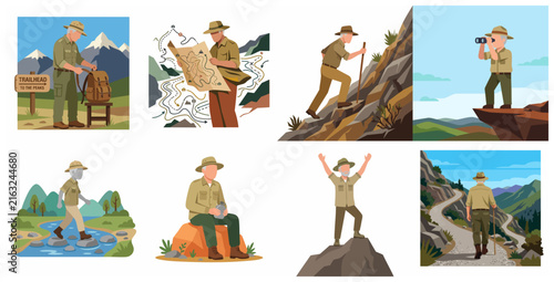 Active Senior Man Hiking and Mountain Trekking Adventure Illustration Set