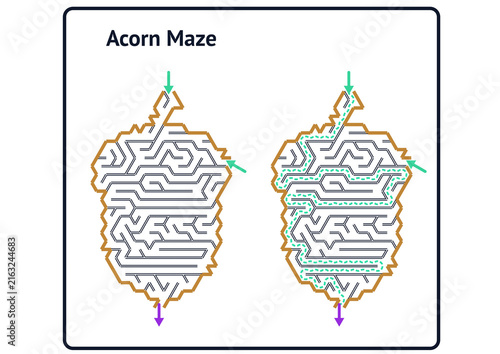 Simple acorn maze for children's educational worksheets and fall activity sheets