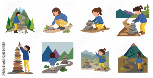 Little girl building stone cairns and hiking in nature, flat vector illustration set of outdoor adventure and zen activities for kids.