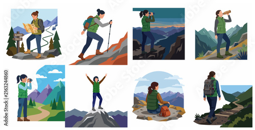 Vector illustration set of a young woman hiking and exploring the mountains with various outdoor activities
