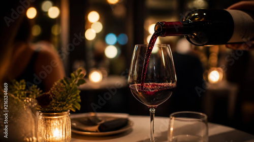 Close up of red wine being poured into a glass at a restaurant with a blurred background of warm candle lights and evening atmosphere