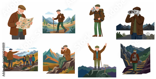 Active Senior Man Hiking and Exploring Nature Mountains Scenes Vector Illustration Set