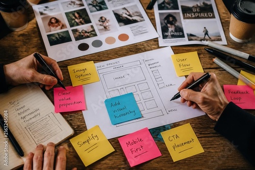 Top view of designers brainstorming website layout with sketches, sticky notes, and mood boards on a rustic wooden table during a collaborative creative project planning session