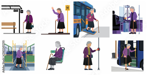 Set of flat illustrations showing an elderly woman with a cane using public bus transportation, from waiting at the stop to disembarking.