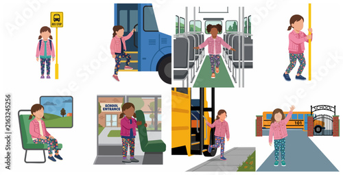 Little Girl's Journey to School by Bus Vector Illustrations Set