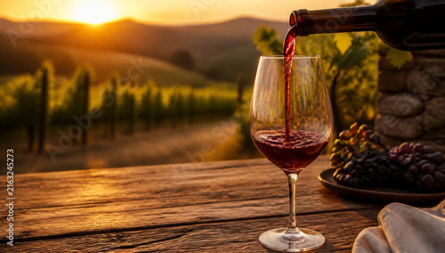 Red wine being poured into a glass on a rustic wooden table at a vineyard during a beautiful golden sunset with rolling hills in the background