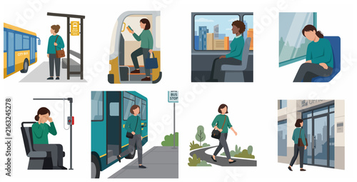 Set of Flat Vector Illustrations Depicting a Woman's Daily Commute to Work by Bus