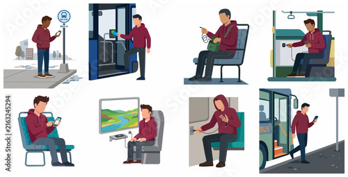 Man commuting by bus and train illustration set, using smartphone and mobile payment.