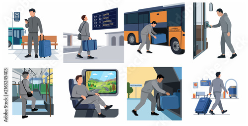 Vector Illustration Set of a Man Traveling by Bus, Loading Luggage, and Using Public Transportation