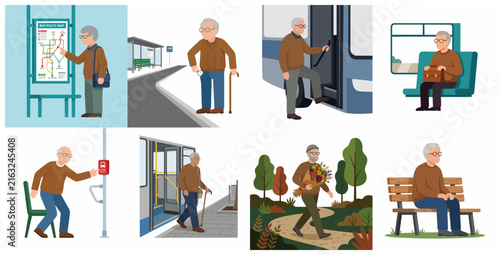Senior Man Traveling by Bus and Enjoying Outdoor Activities Flat Vector Illustration Collection