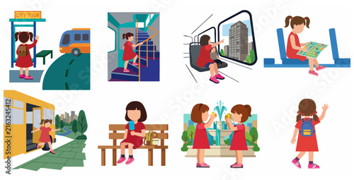 Set of flat vector illustrations of a little girl traveler exploring the city, including scenes of riding a bus, reading a map, and sightseeing