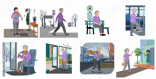 Senior woman daily commute and travel routine with bus and public transportation flat vector illustrations
